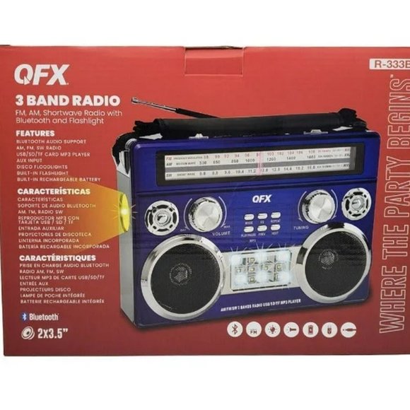 QFX Blue Portable Retro AM/FM/SW 3-Band Radio With Flashlight Bluetooth Boombox - Picture 3 of 4